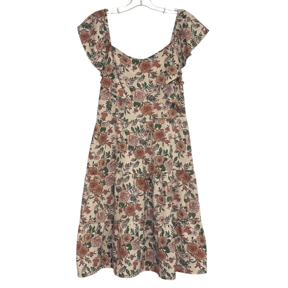 Monteau Floral Tiered Dress Women Cream Pink Ruffle Flutter Sleeve Cottagecore L